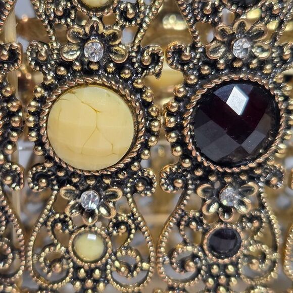 Ornate Filigree 3" Wide Cuff Bracelet Black Cream Cabachons Rhinestone Bollywood - Picture 2 of 10